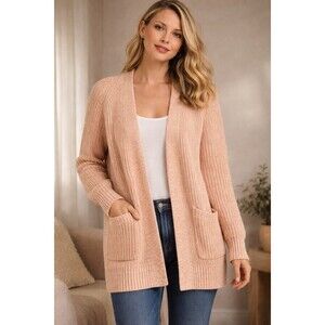 Chunky Knit Cardigan Womens Open Front Peach Heavy Sweater Pockets
